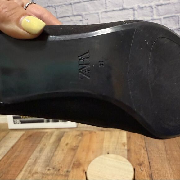 Zara black & gold kitten heel pointed toe pumps heels - Picture 9 of 10